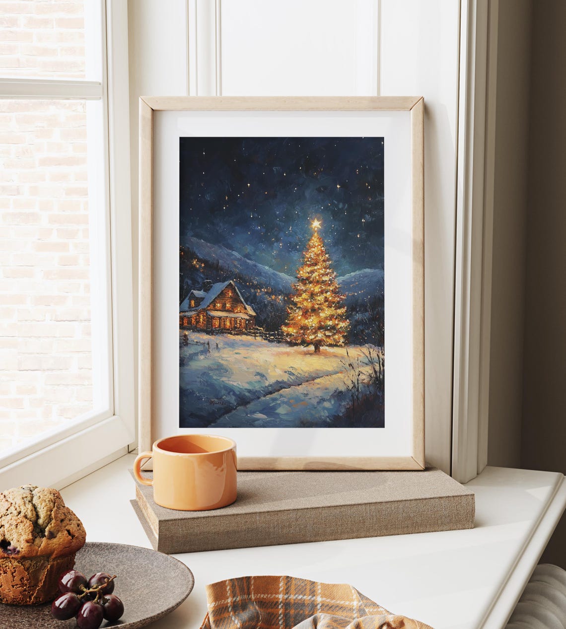 Snowy Christmas Night Lit Tree Log Cabin Starry Sky Winter Art Poster - Image 2