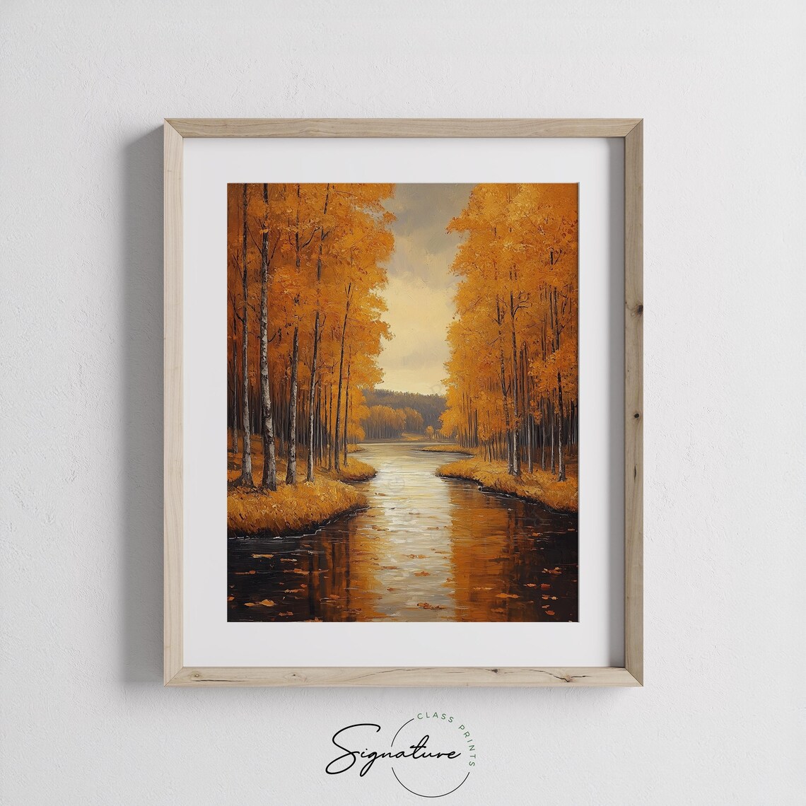 Golden Birch Trees Lining a Still River in Glowing Autumn Light Wall Art - Image 3