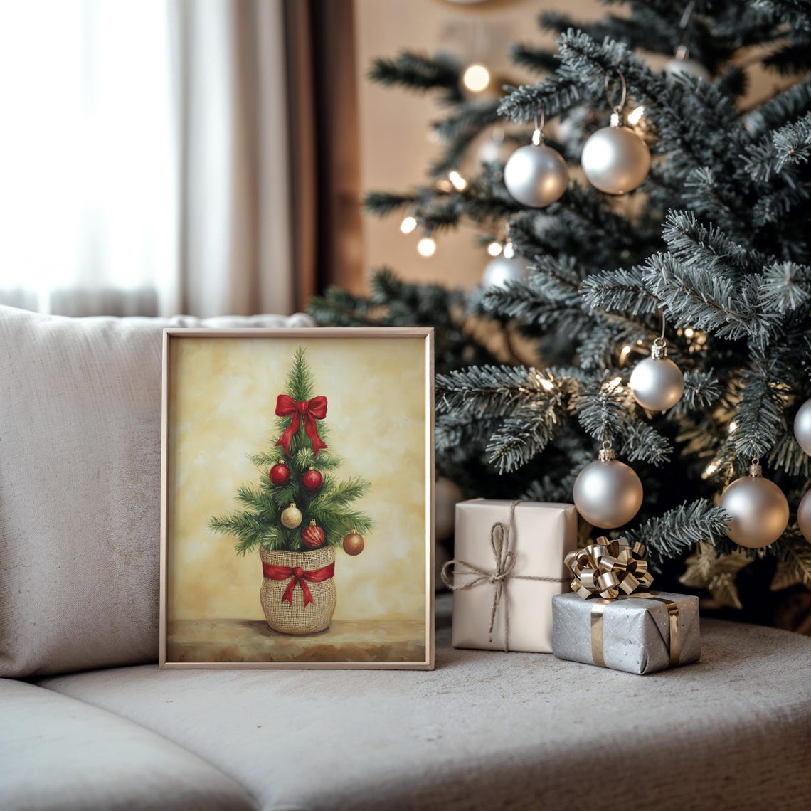 Mini Christmas Tree In Burlap Pot With Red Bow And Baubles Poster - Image 5