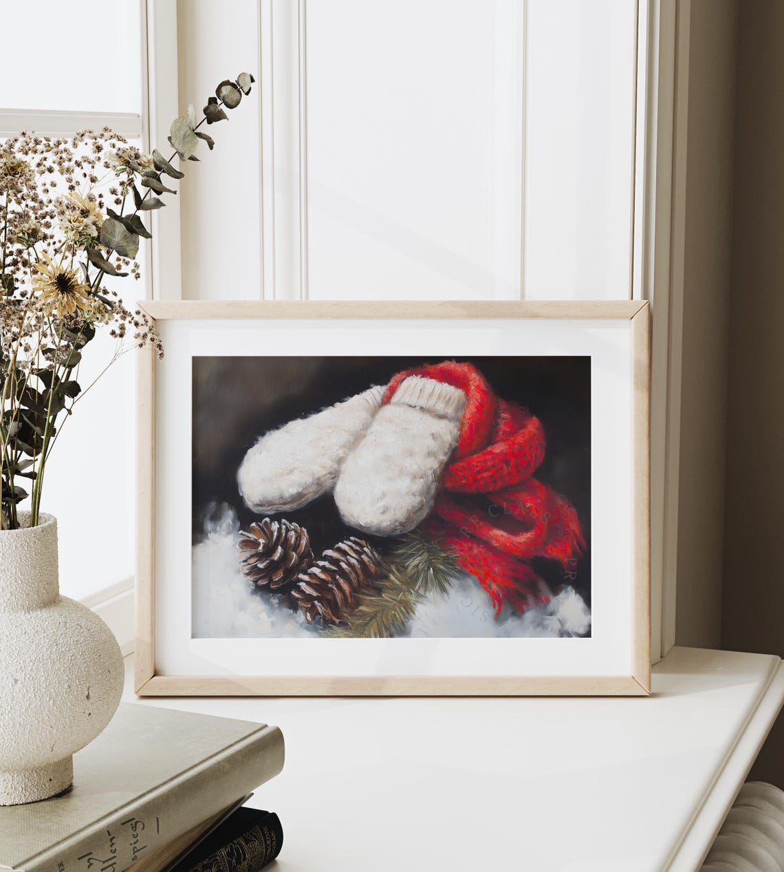 Cozy White Knit Mittens With Red Scarf And Pinecones Winter Poster - Image 6