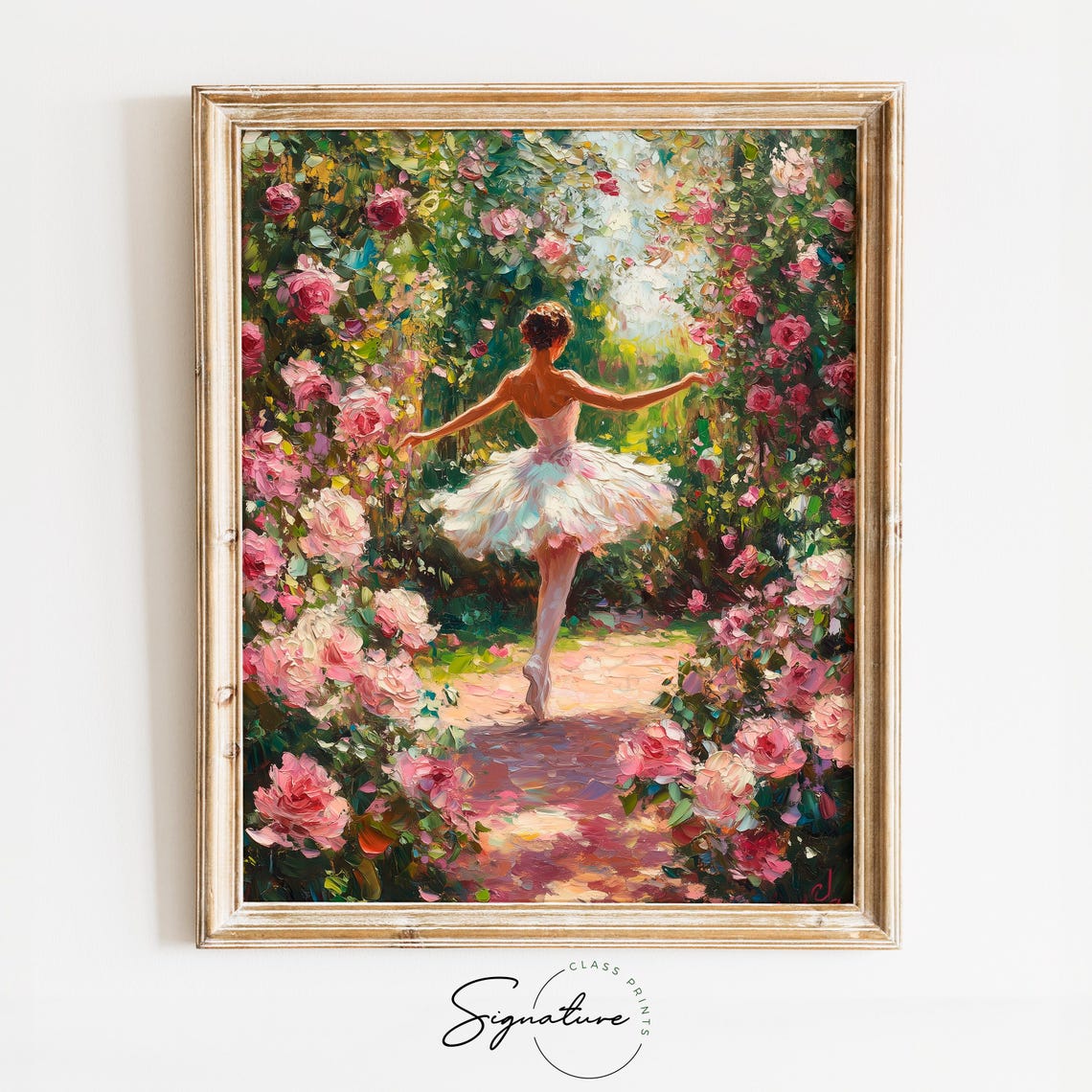 Ballerina Dancing Through Blooming Rose Garden Romantic Art Poster