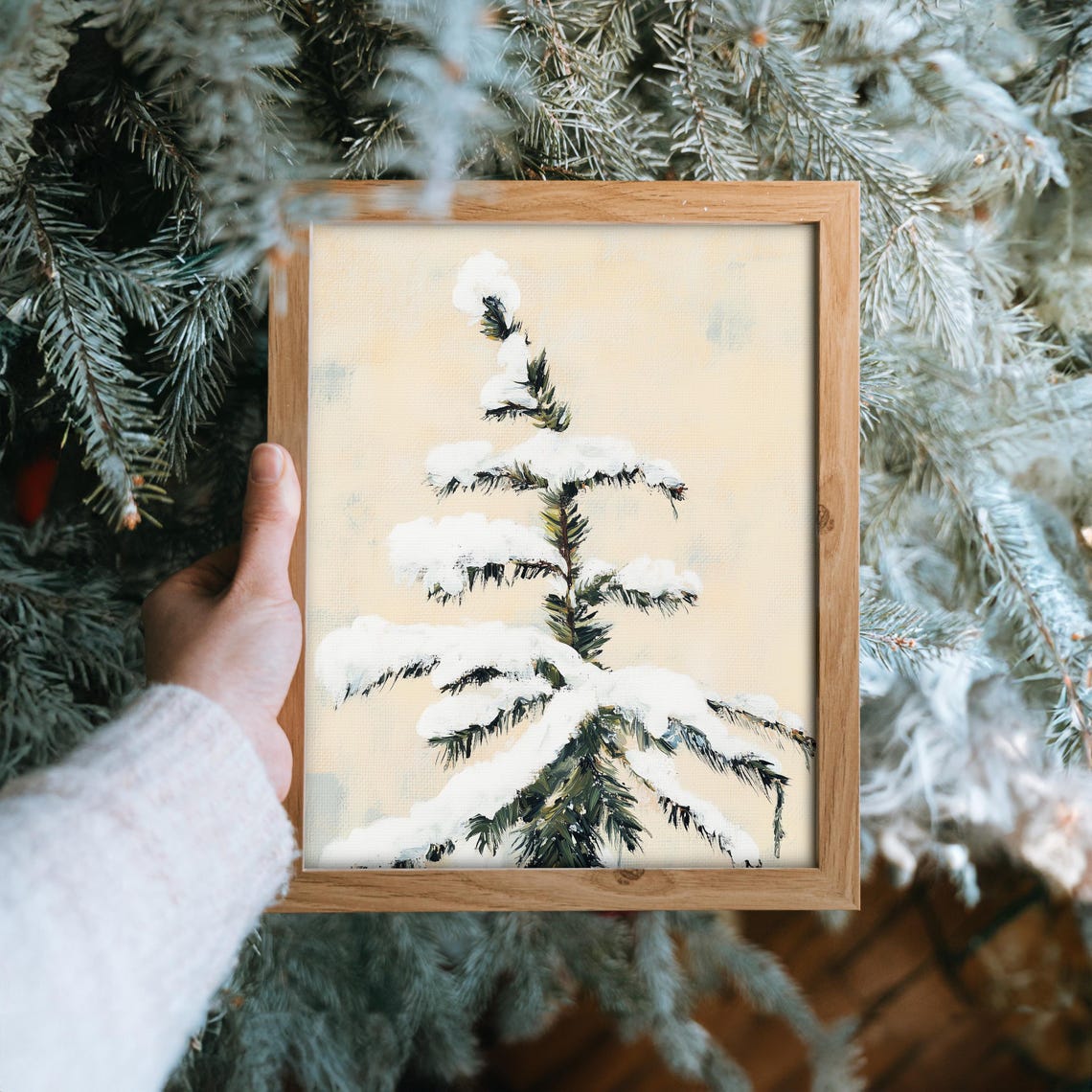 Snow Covered Fir Branch Against a Warm Beige Sky Winter Poster - Image 6