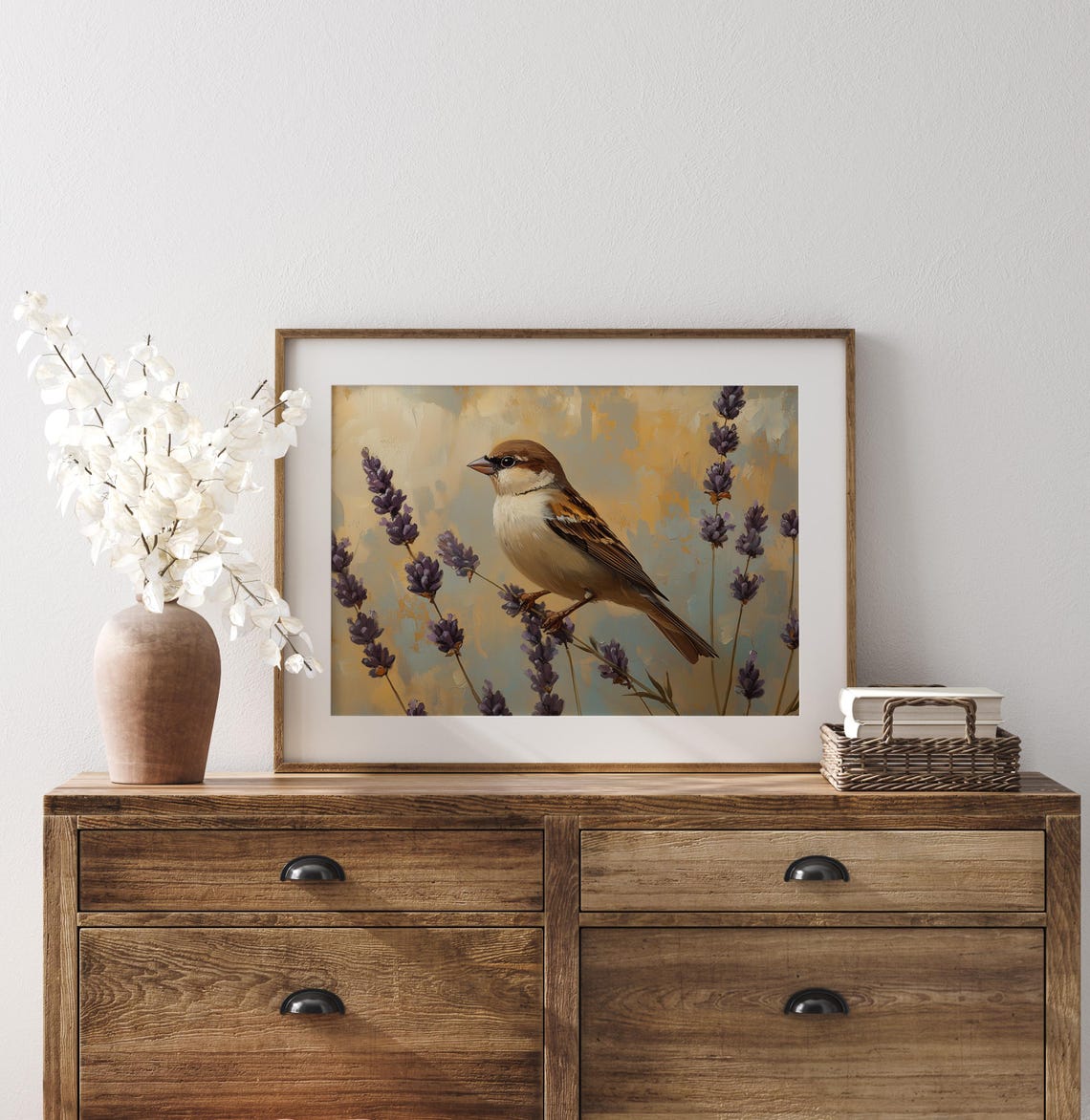 Tree Sparrow Among Lavender Stems Against Golden Backdrop Poster - Image 2