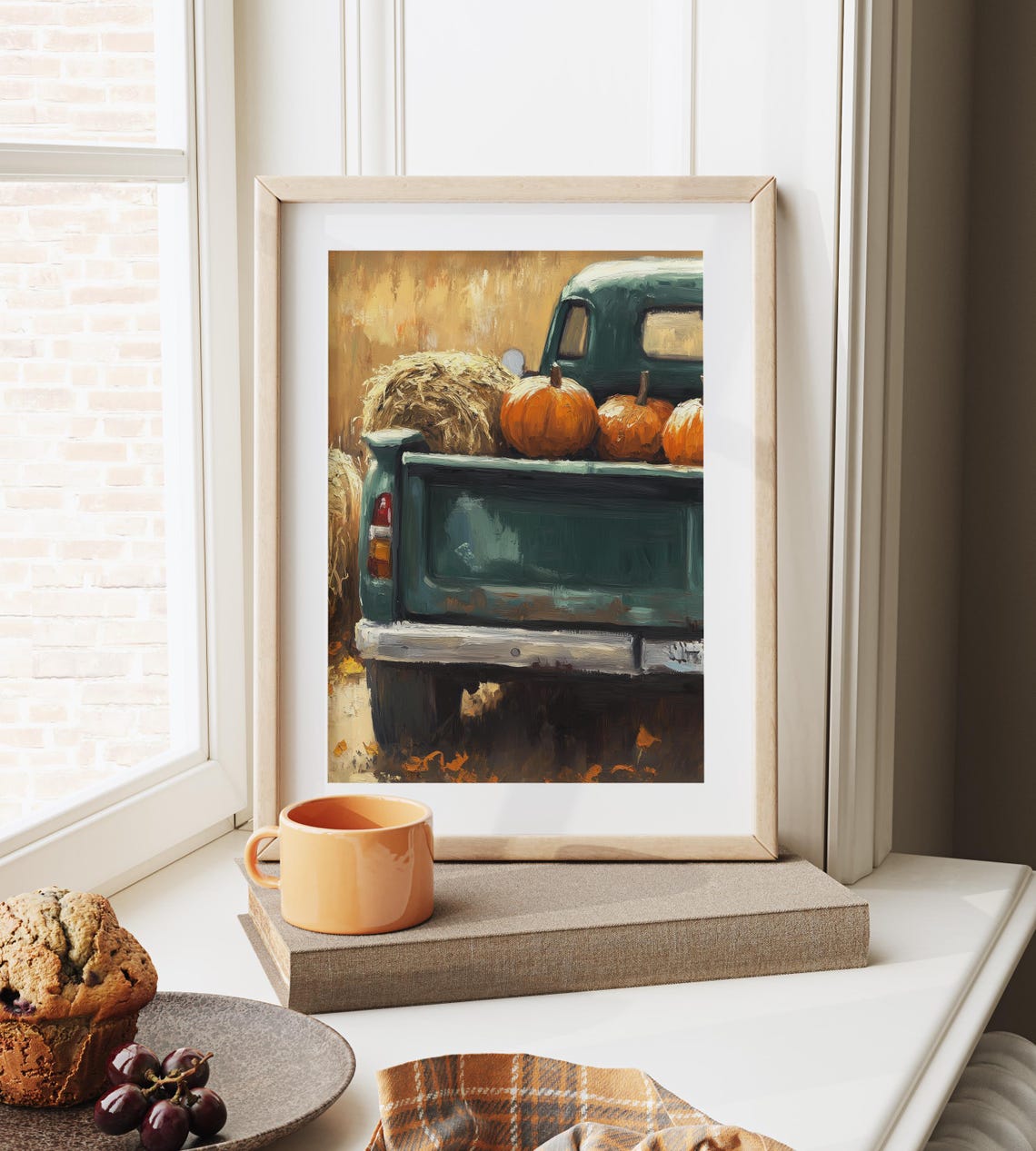 Vintage Green Truck With Pumpkins And Hay Rustic Fall Scene Poster - Image 6