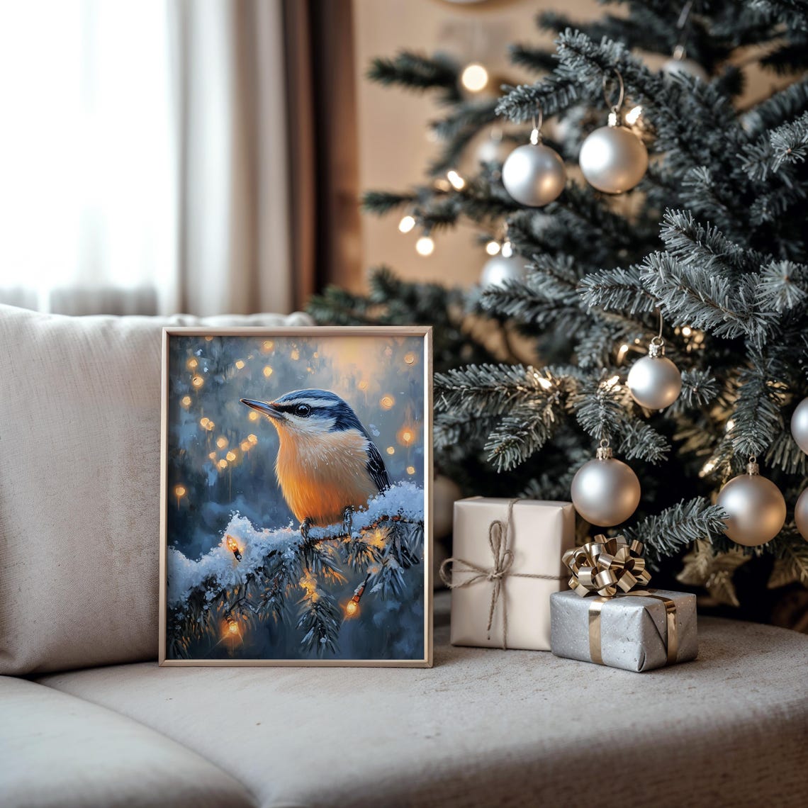 Nuthatch On Snowy Branch With Christmas Lights Festive Bird Poster - Image 5