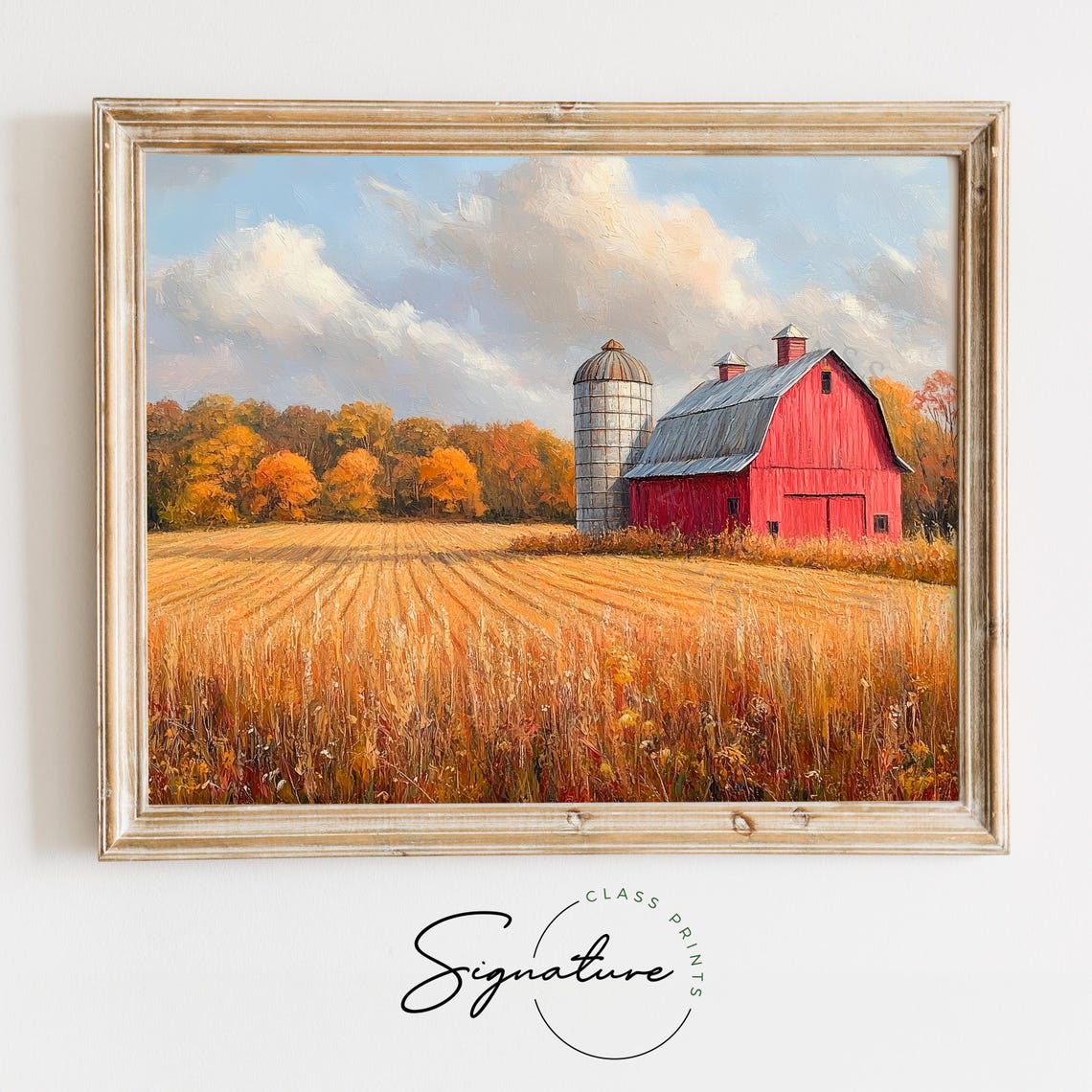 Classic Red Barn Silo Golden Wheat Field Autumn Fall Trees Print