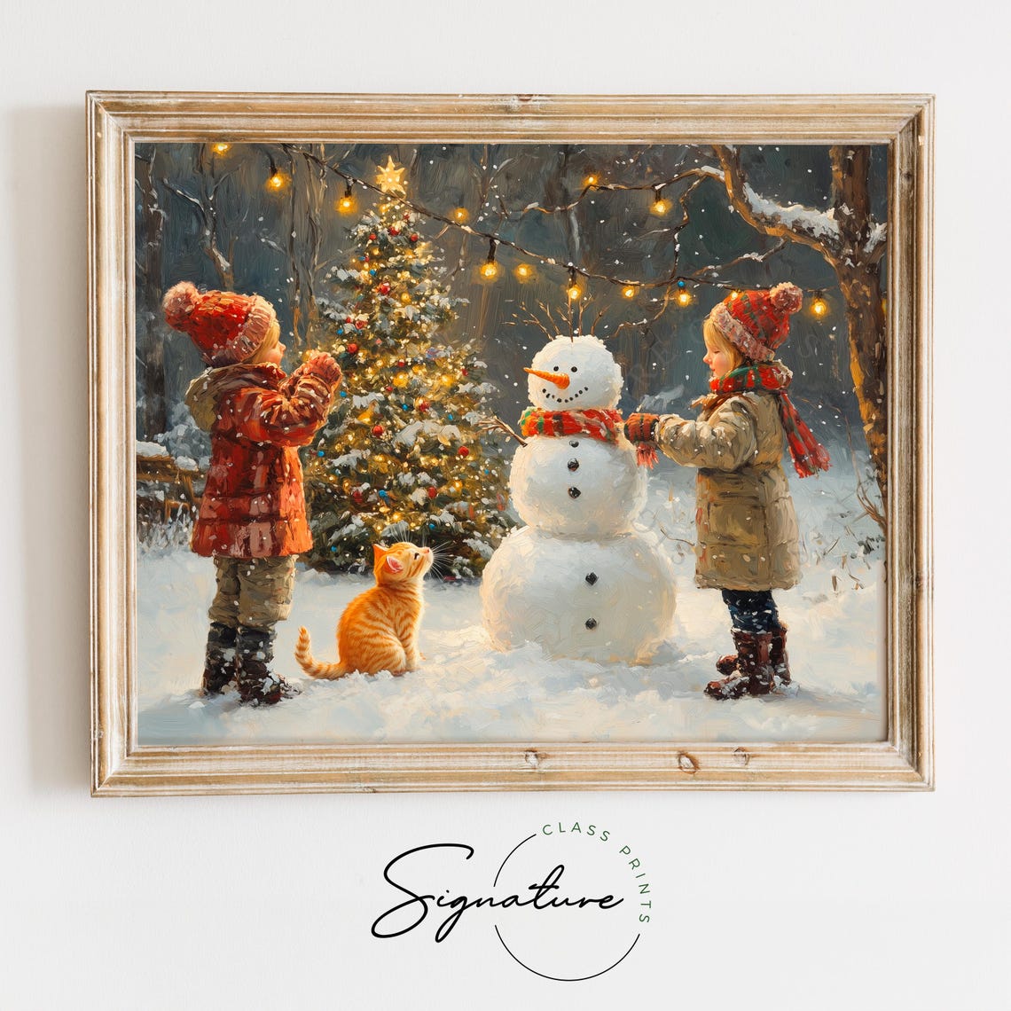 Children Building a Snowman With a Kitten by a Christmas Tree Poster