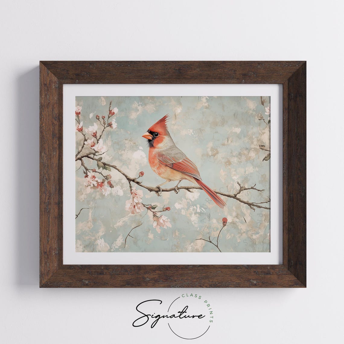 Bright Cardinal On Frosted Blossom Branch Vintage Bird Painting Poster - Image 5