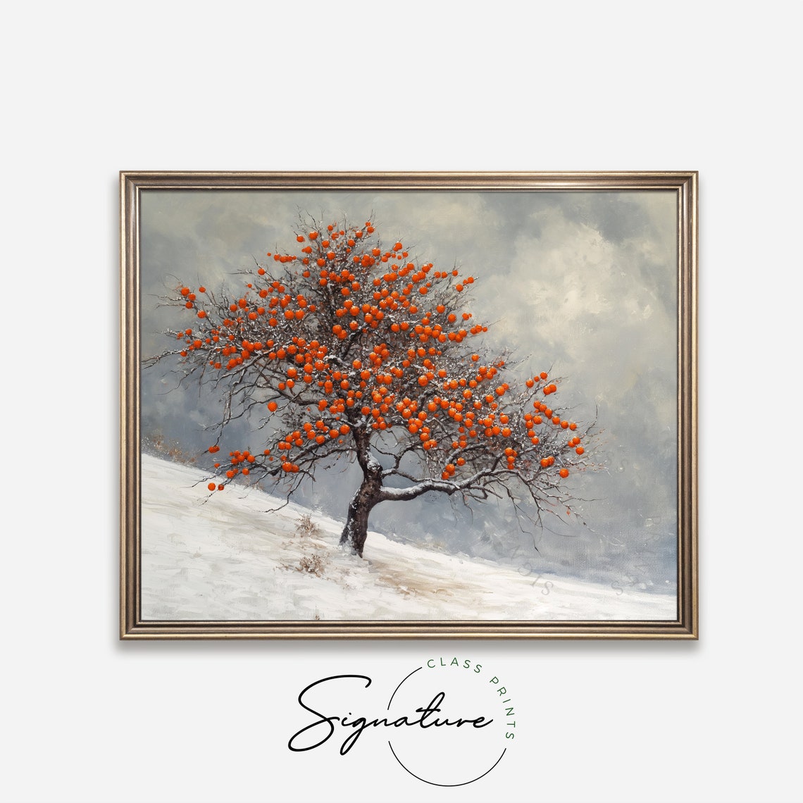 Persimmon Tree Laden With Orange Fruit On Snowy Slope Poster - Image 4