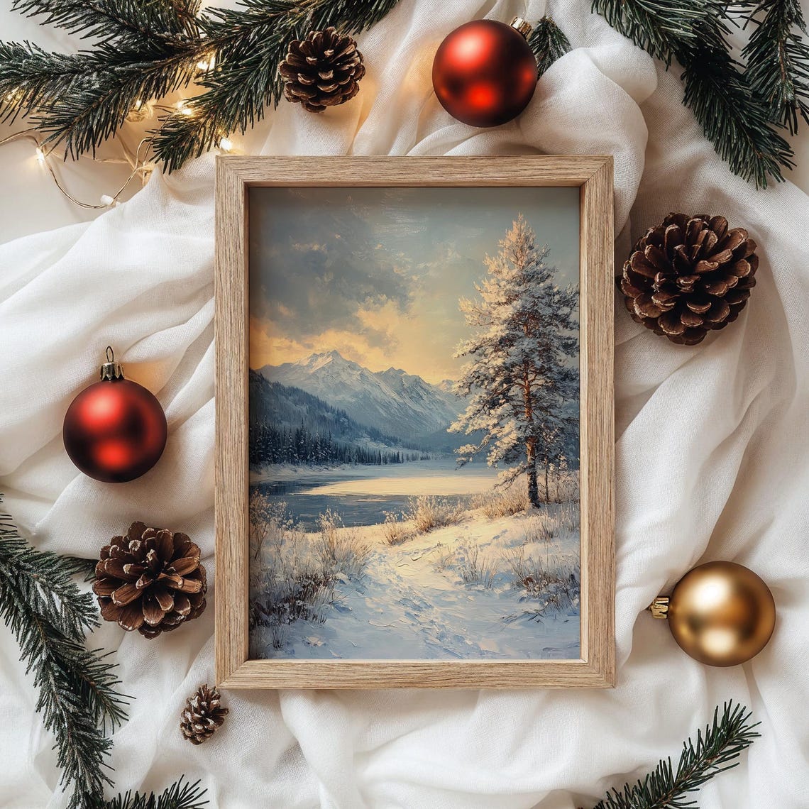 Snowy Pine By A Frozen Lake With Mountain Sunset Glow Poster - Image 4