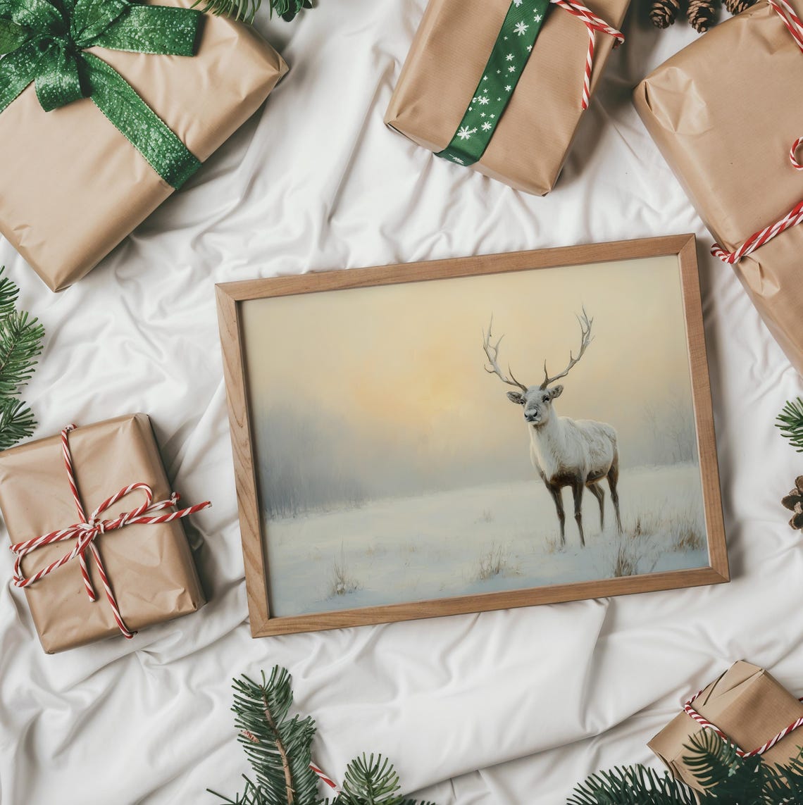 White Stag Standing in Snowy Field at Sunrise Winter Wildlife Poster - Image 2