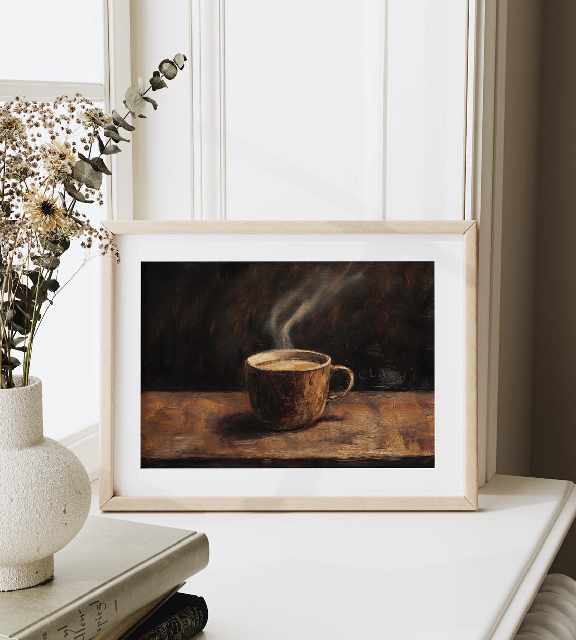 Steaming Cup Of Coffee On Rustic Wood Table Moody Still Life Poster - Image 6