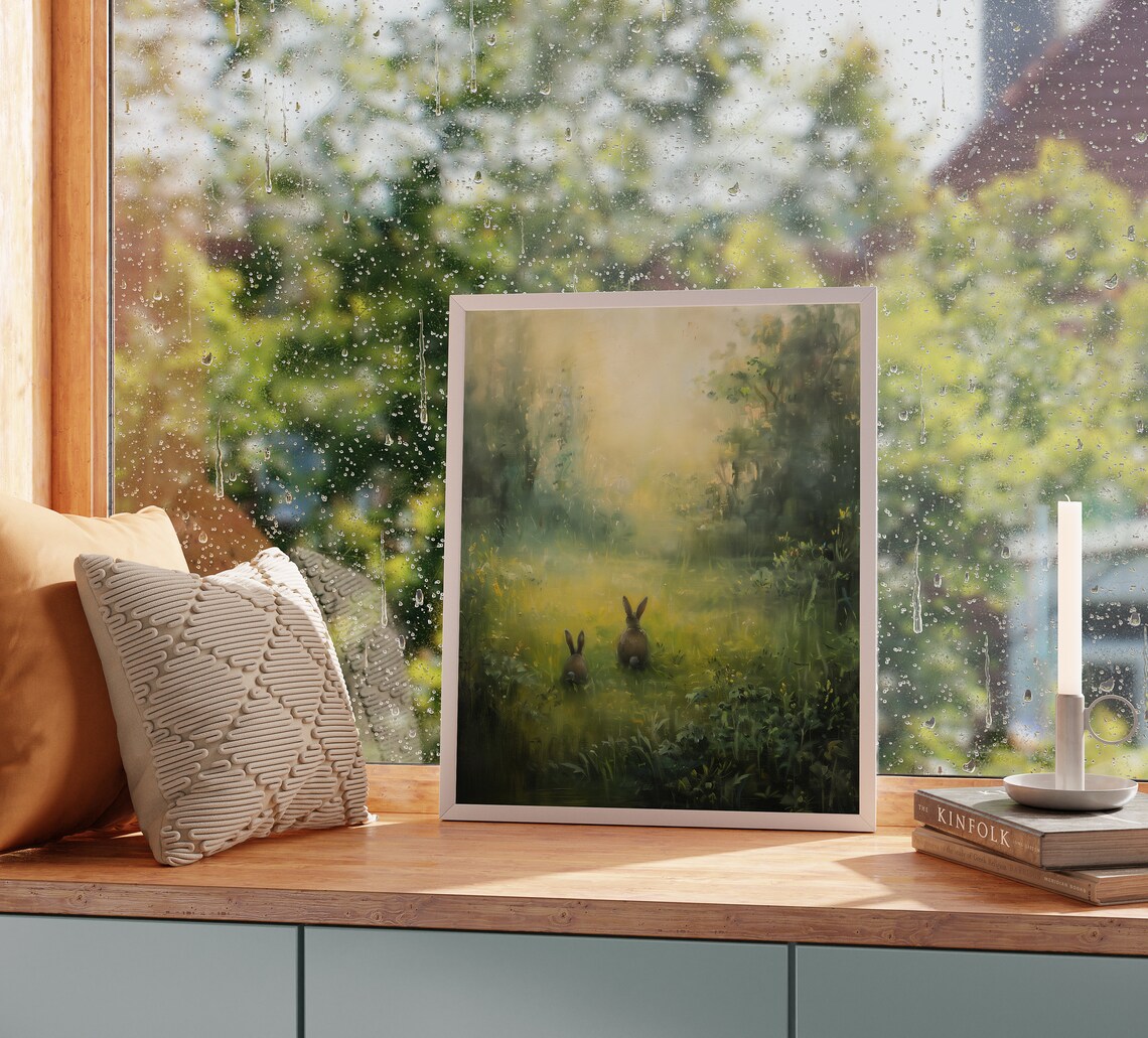 Two Bunnies In Sunlit Meadow Woodland Rabbit Painting Wall Art - Image 2