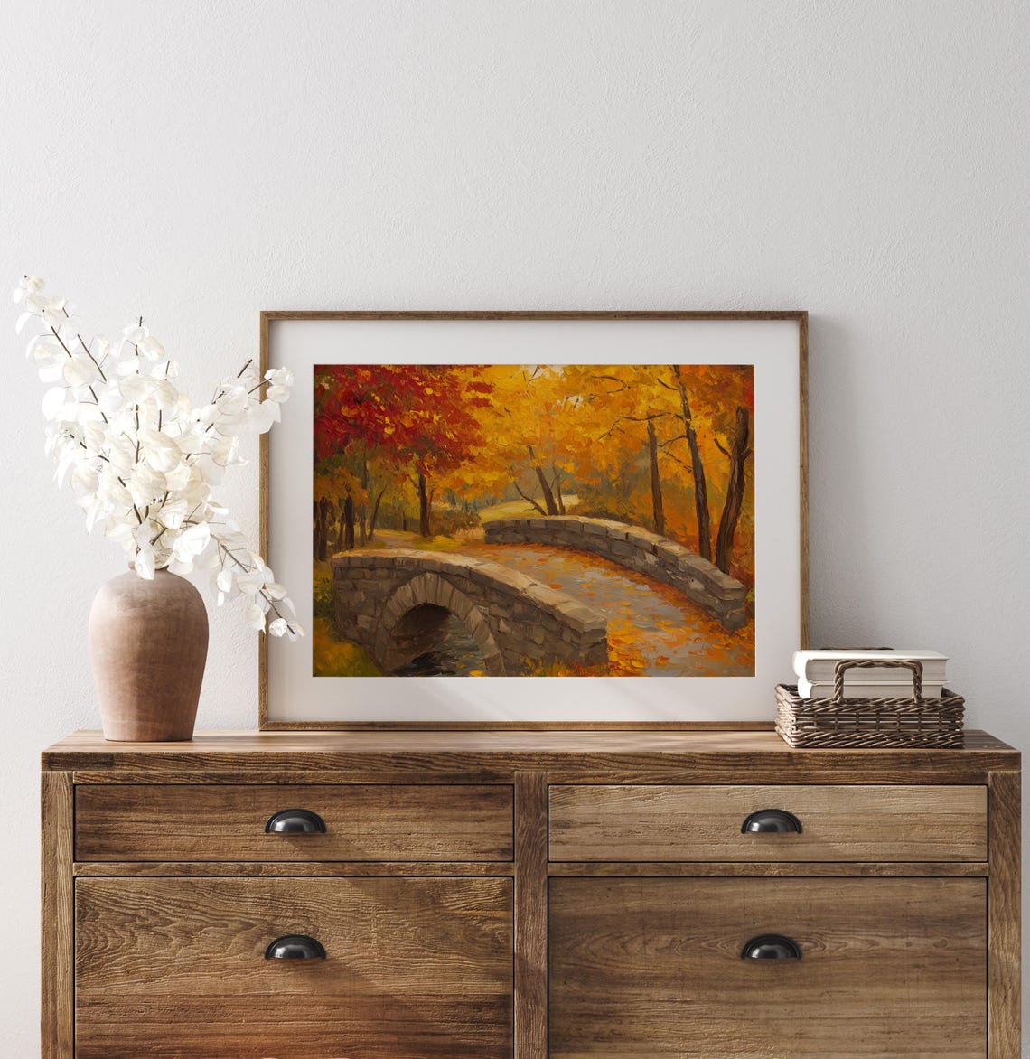 Autumn Stone Bridge Painting Red Fall Foliage Rustic Landscape Poster - Image 3