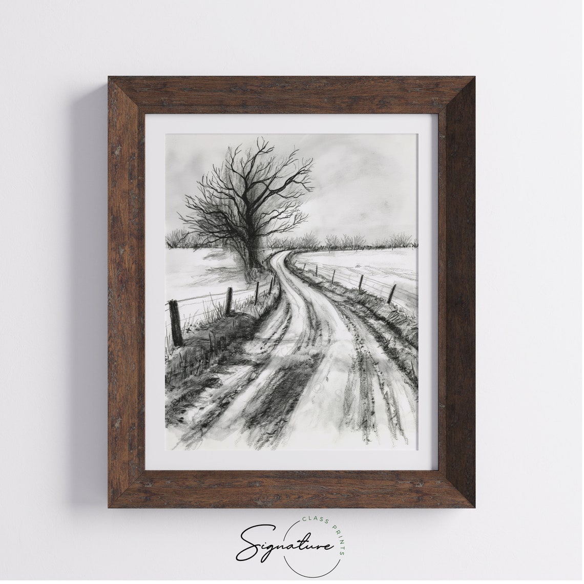 Frosty Country Road With Bare Tree Monochrome Sketch Winter Poster - Image 4
