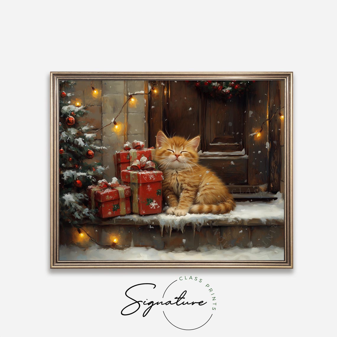 Sleeping Ginger Kitten on Snowy Porch Ledge Beside Red Gifts Poster - Image 4