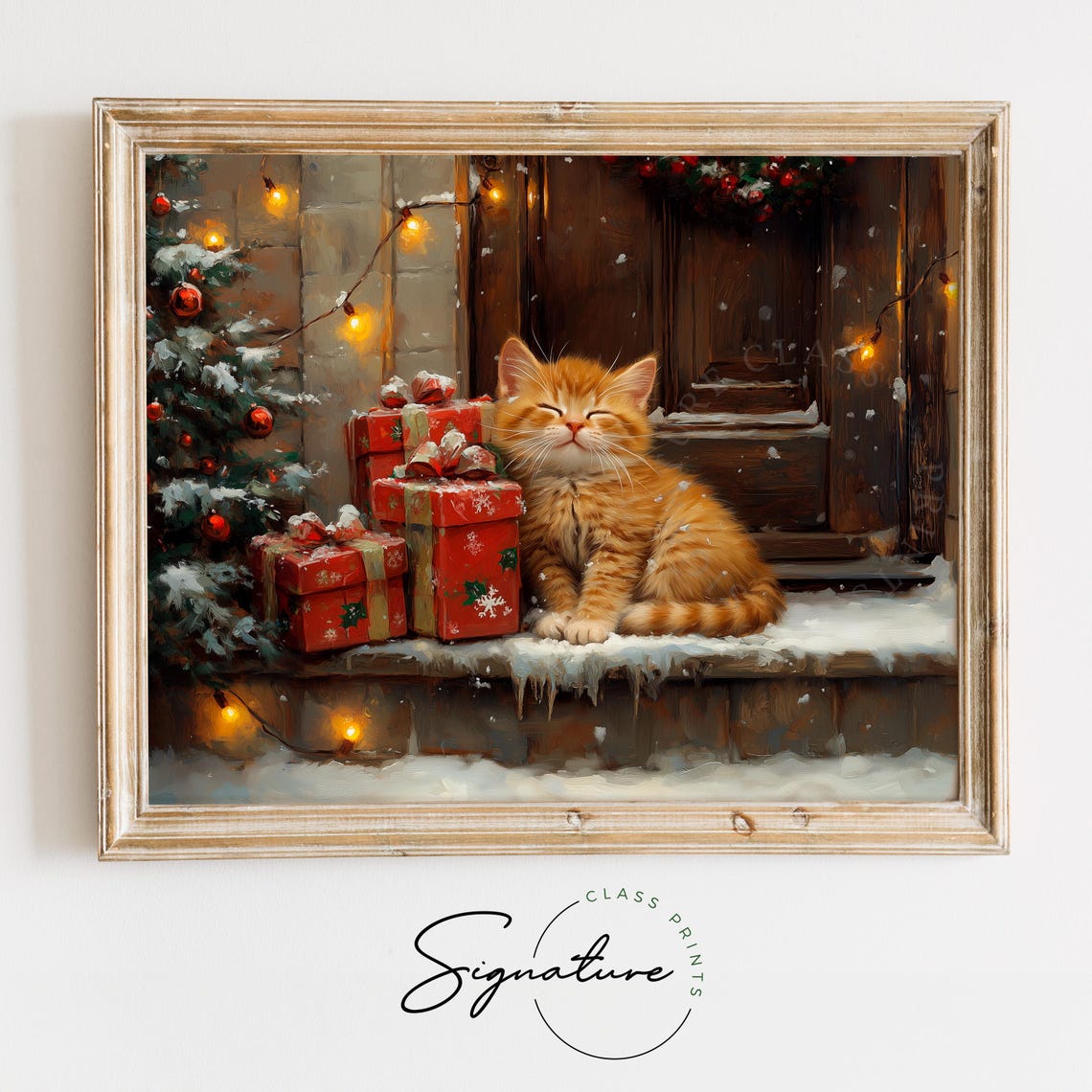 Sleeping Ginger Kitten on Snowy Porch Ledge Beside Red Gifts Poster