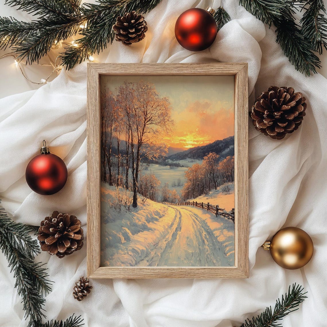 Golden Winter Sunset Over a Snowy Country Road Winter Scene Poster - Image 4