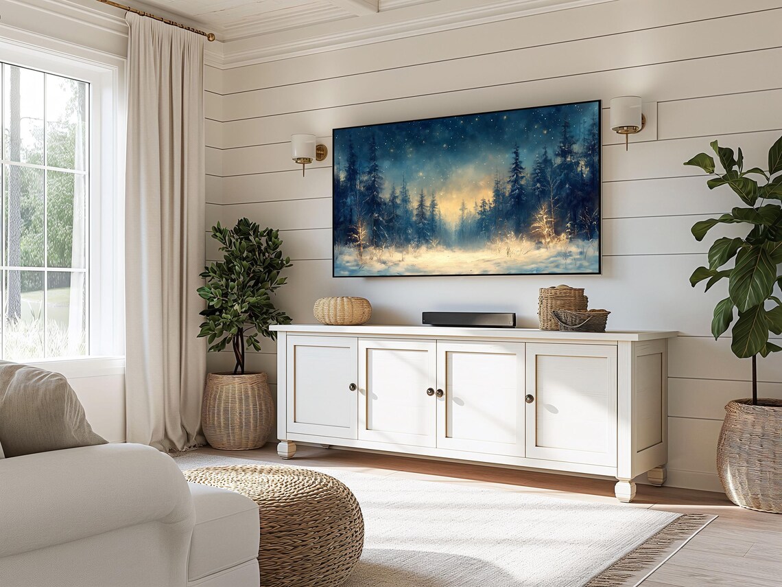 Starry Night In Snowy Pine Forest Clearing With Golden Glow Winter Art Poster - Image 3