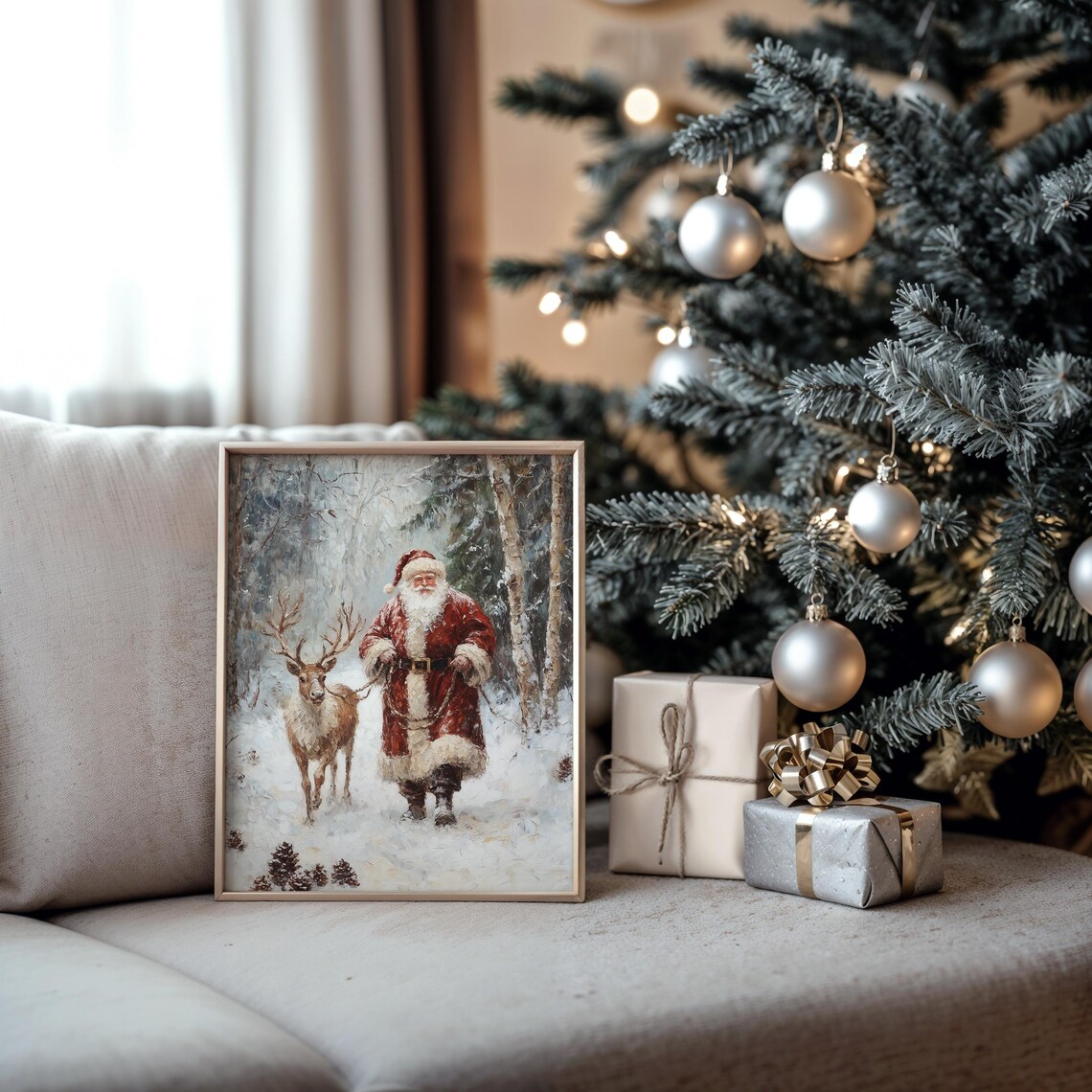 Santa Claus Walking with Reindeer in Snowy Woods Christmas Print - Image 5