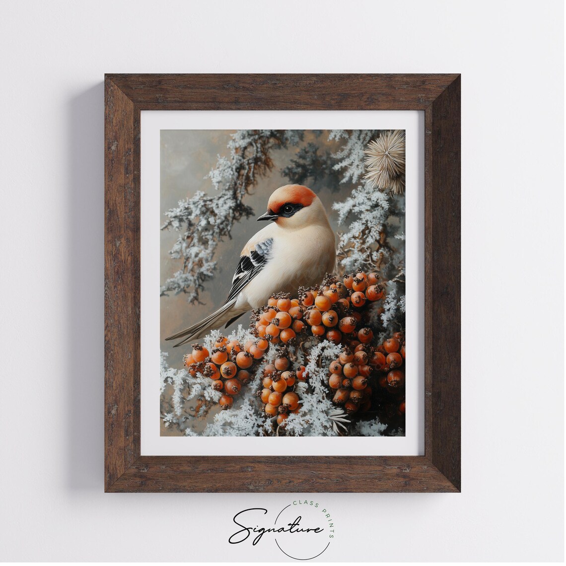 Songbird Perched Among Orange Winter Berries Frost Still Life Art Poster - Image 2