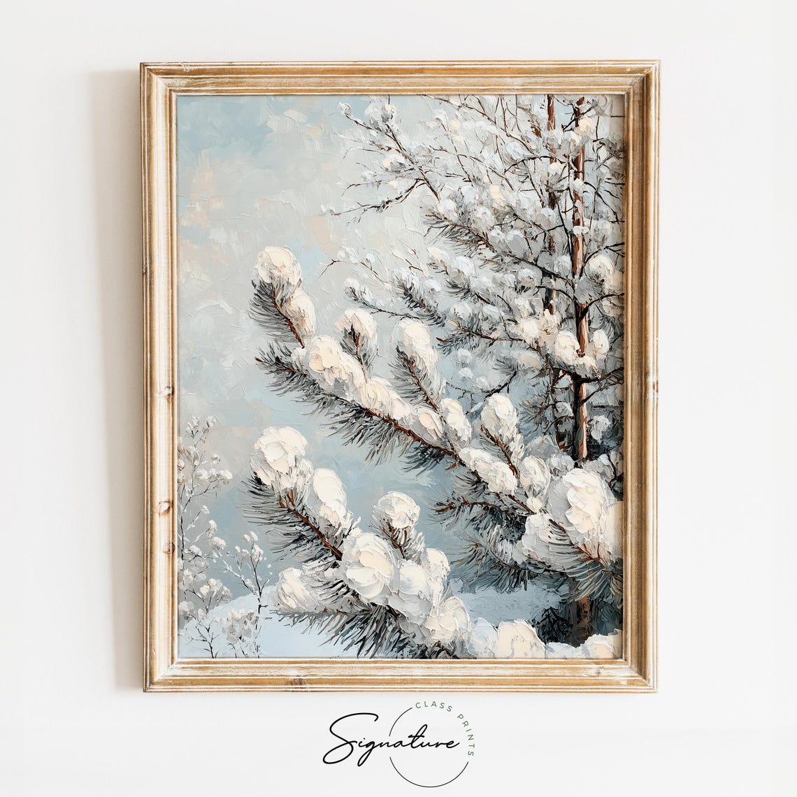 Snow Laden Pine Branches Close Up Textured Oil Painting Poster