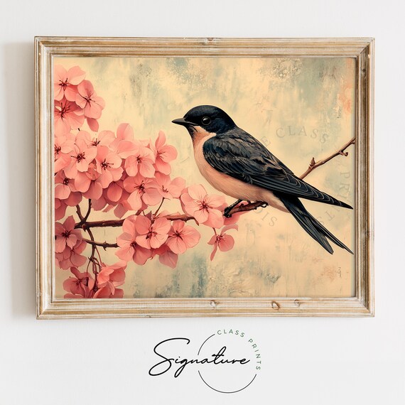 Moody Swallow With Rosy Hydrangeas Vintage Spring Print Cottagecore Floral Artwork Earthy Nature Decor Elegant Painting Wall Art 3192