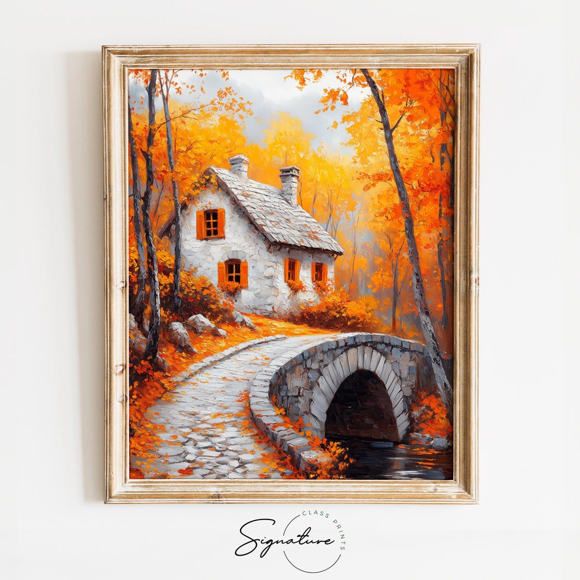 Autumn Stone Cottage Arched Bridge Forest Orange Shutters Poster