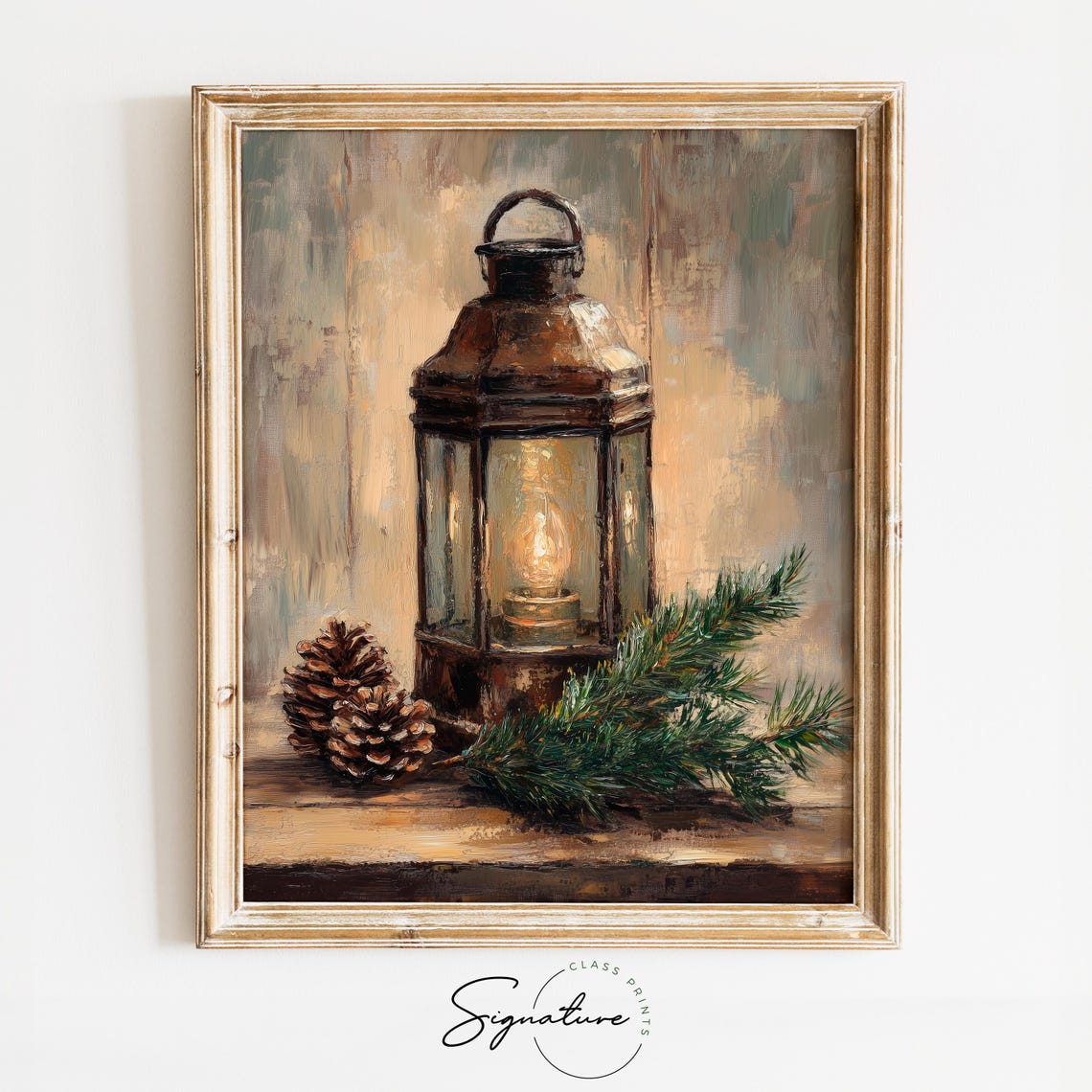 Glowing Rustic Lantern with Pinecones Winter Oil Painting Print