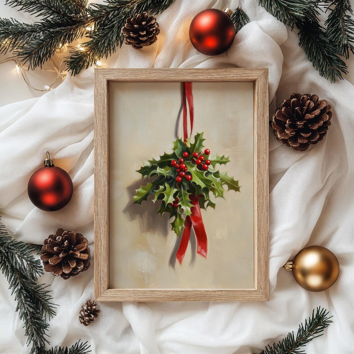 Hanging Holly Bouquet with Red Ribbon Christmas Botanical Poster - Image 4