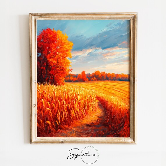 Sunset Over Golden Cornfield With Blazing Red Autumn Tree Wall Art