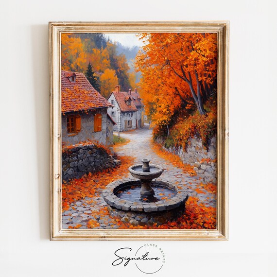 Autumn Village Fountain Old Town Cobblestone Street Orange Trees Poster