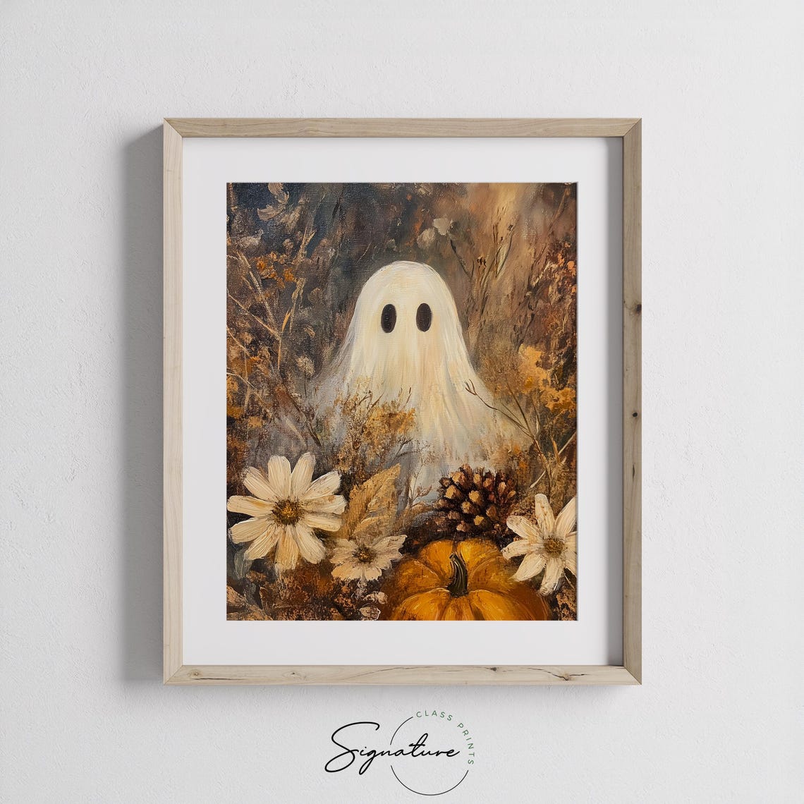 Ghost in a Rustic Pumpkin Patch with White Daisies at Night Poster - Image 3
