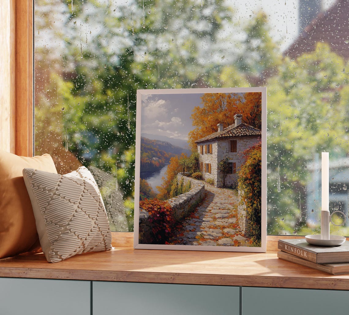 Old Stone Villa Overlooking River Autumn Valley Landscape Print - Image 2
