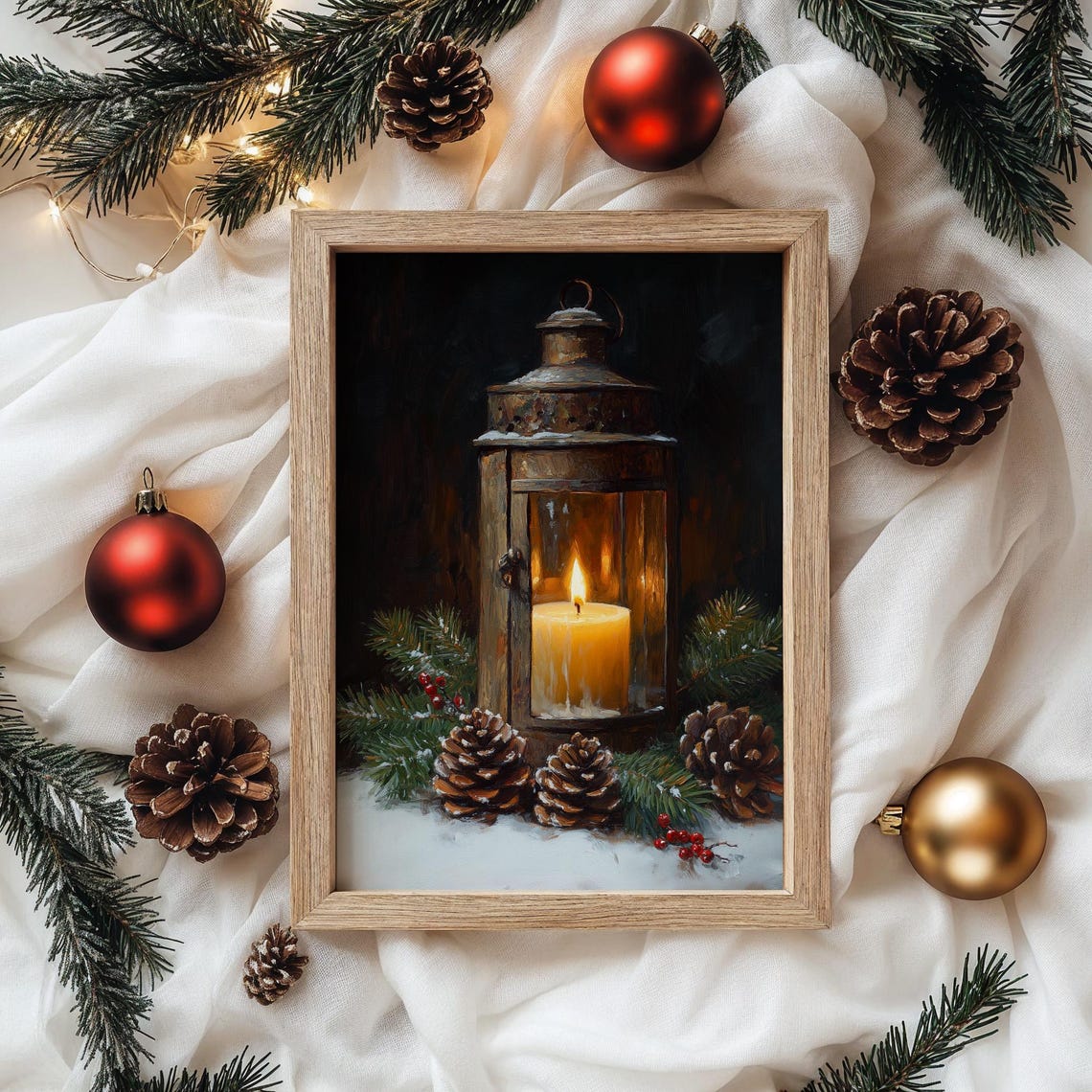 Rustic Lantern With Candle Pinecones And Holly Winter Poster - Image 2
