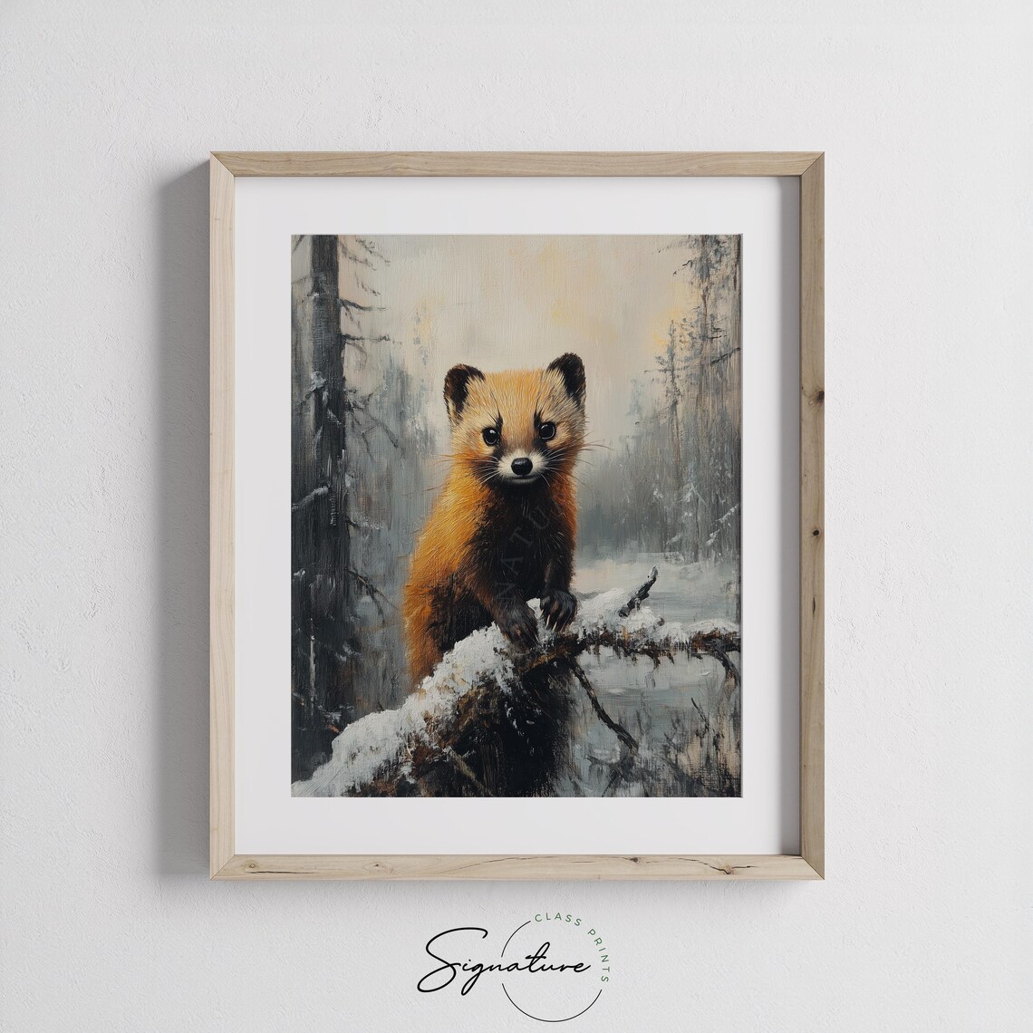 Pine Marten on Snowy Branch Winter Forest Wildlife Oil Painting Print - Image 2