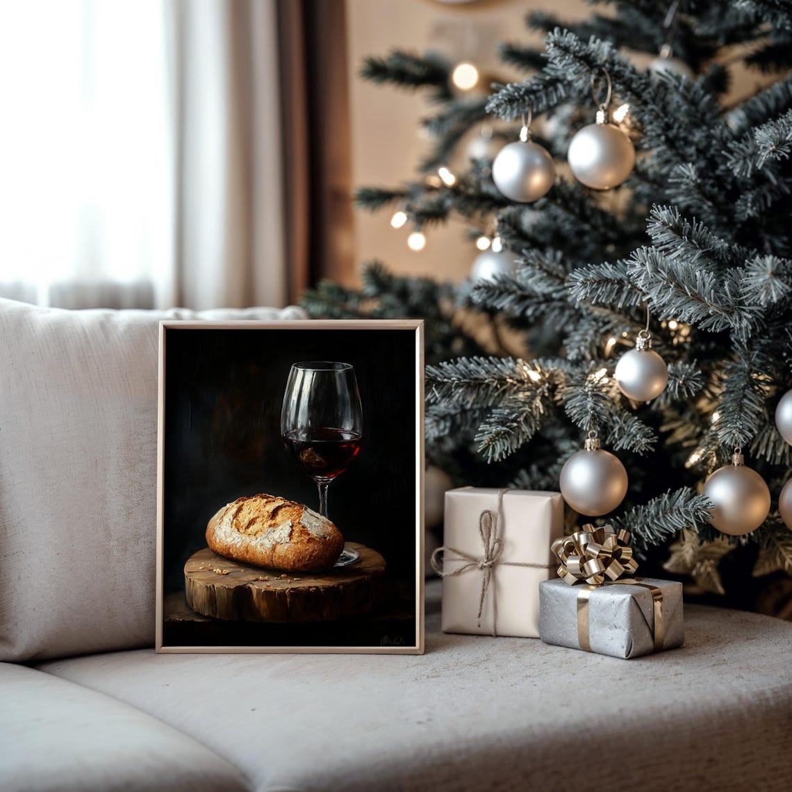 Red Wine Glass And Rustic Bread Loaf Moody Still Life Poster - Image 5