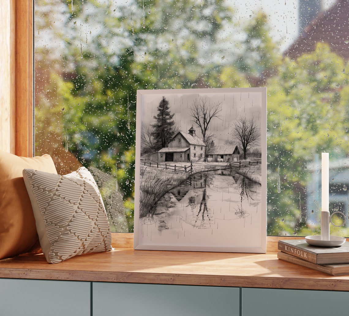 Rainy Day At Rural Farmstead Barn Sketch With Pond Poster Art - Image 2