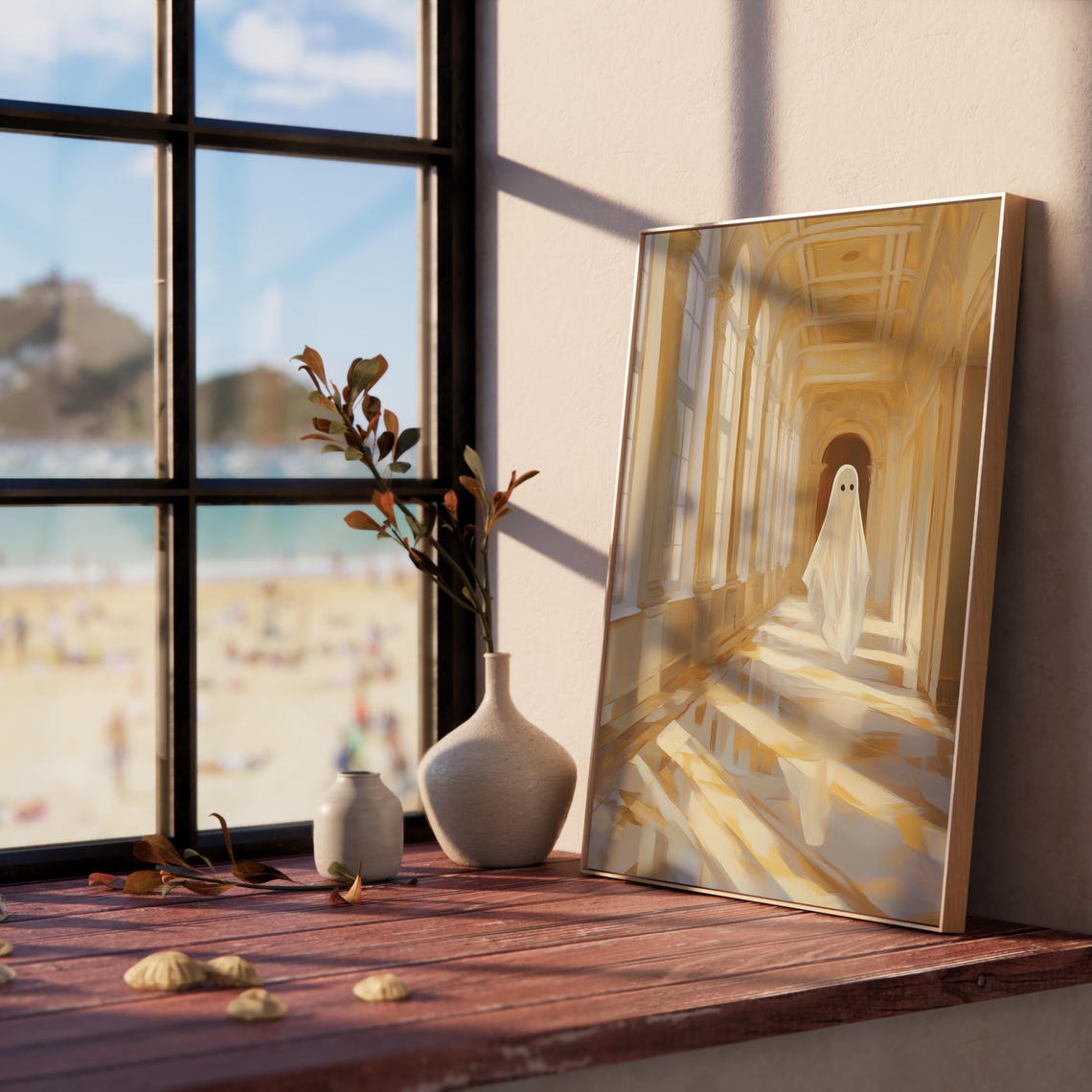 Lone Ghost in a Golden Arched Hallway with Sunlit Marble Floors Poster - Image 5