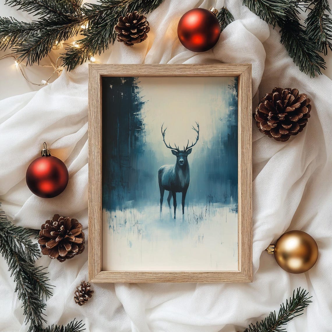 Majestic Stag in Misty Blue Forest Winter Wildlife Oil Painting Print - Image 4