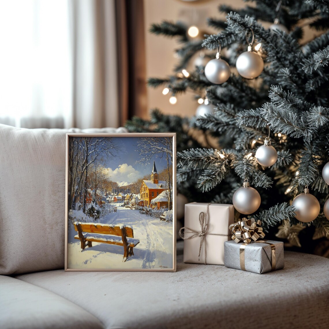Sunny Snowy Village Street With Church And Bench Winter Scene Poster - Image 5