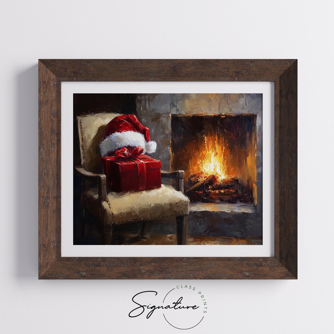 Santa Hat And Red Gift Box On Chair By A Glowing Fireplace Poster - Image 5