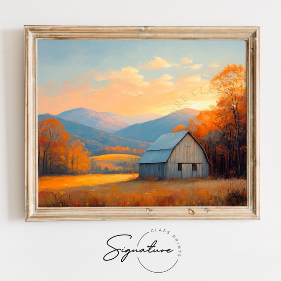 Gray Barn Golden Meadow Sunset Mountains Oil Painting Poster