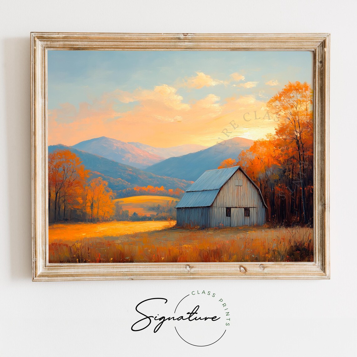Gray Barn Golden Meadow Sunset Mountains Oil Painting Poster