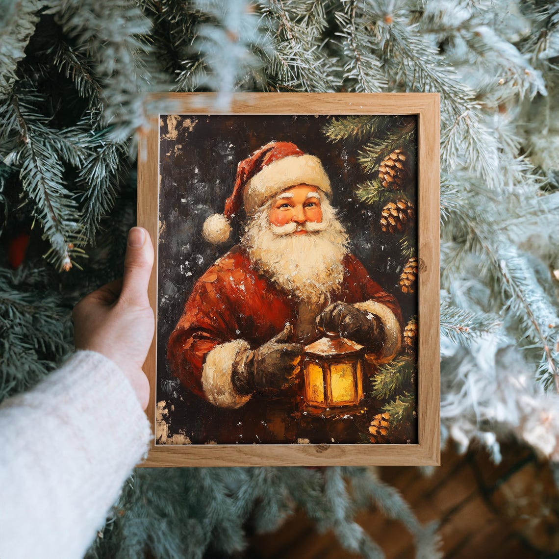 Santa Claus With a Glowing Lantern in a Pine Forest at Night Poster - Image 6