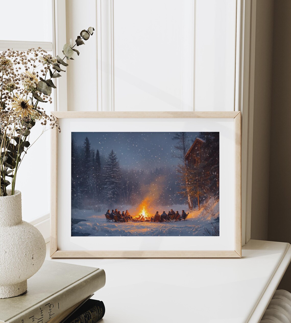 Friends Gathered Around Bonfire in Snowy Night Forest Cozy Art Poster - Image 6