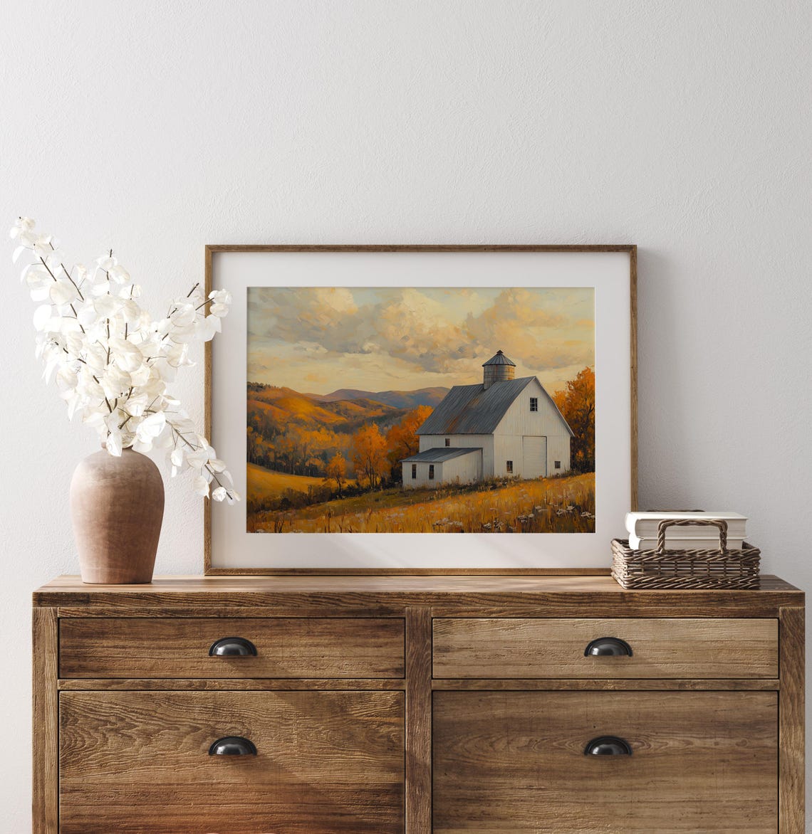 White Barn with Silo Over Golden Autumn Hills at Sunset Poster - Image 3