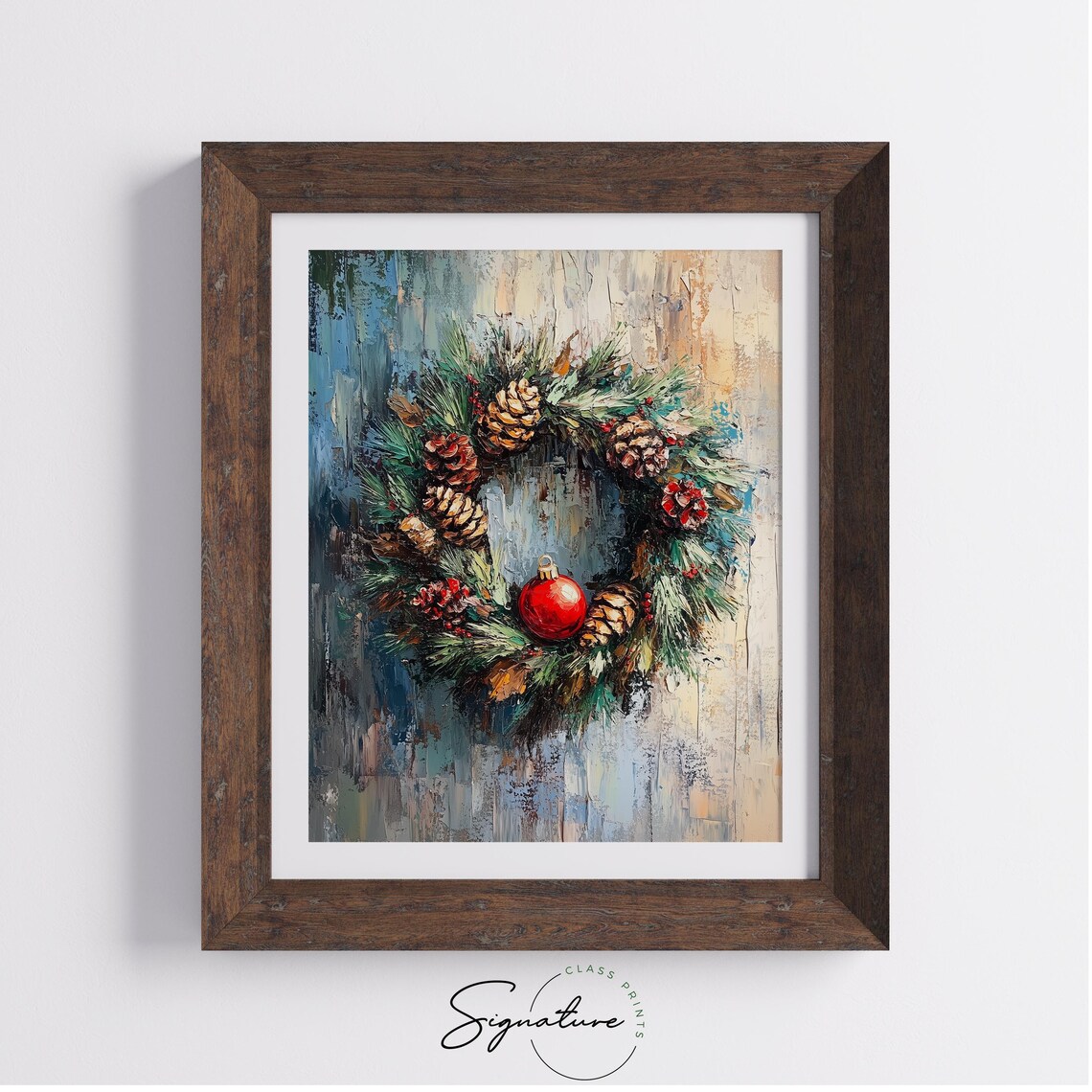 Christmas Wreath with Pinecones and Red Ornament Oil Painting Print - Image 3