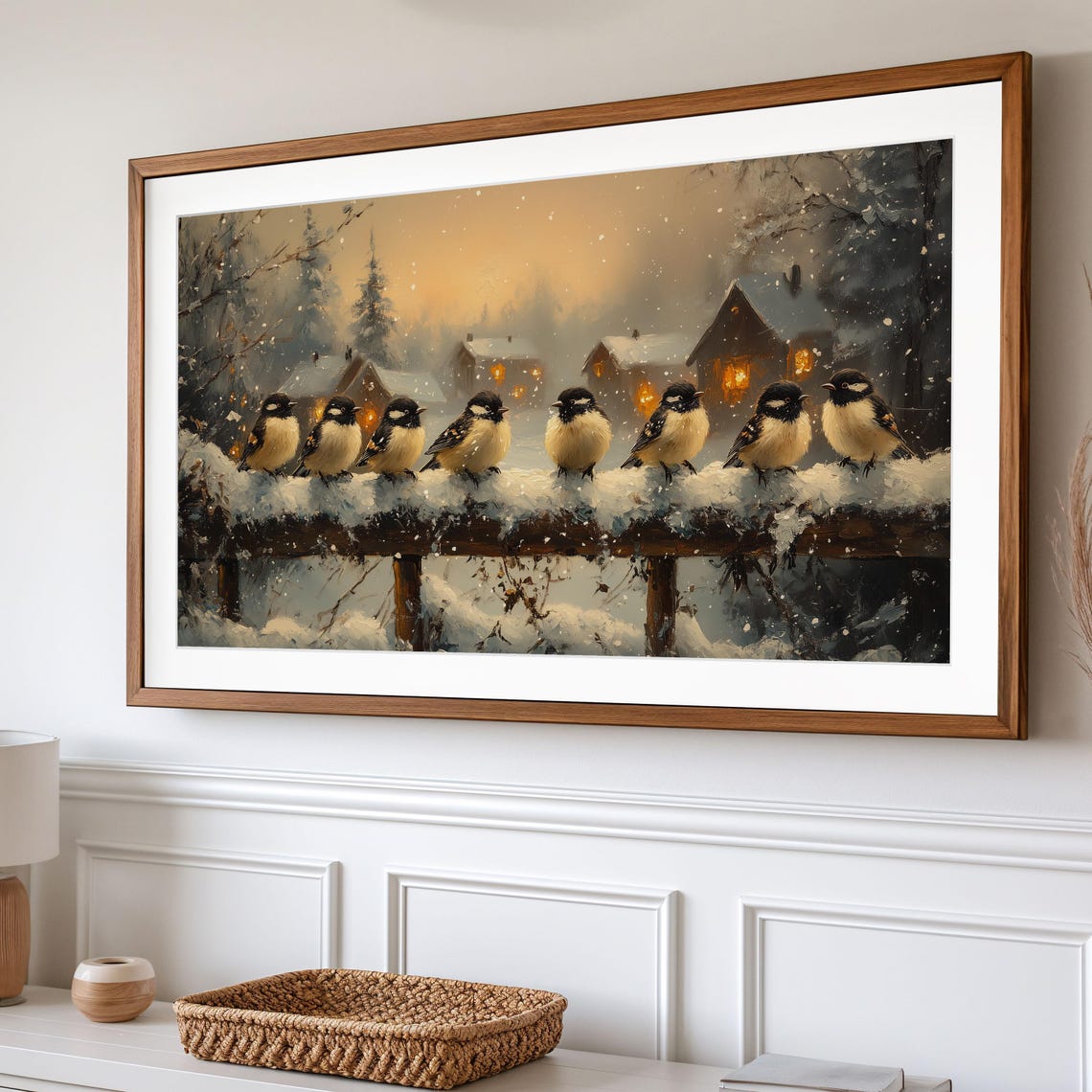 Cozy Winter Chickadees On Snowy Fence Village Holiday Art Print - Image 2
