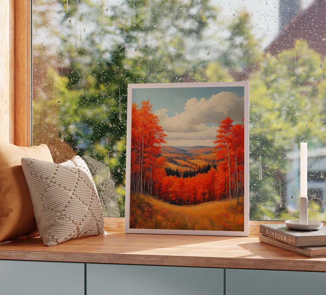 Red Birch Forest Framing Sweeping Autumn Valley and Distant Hills Wall Art - Image 2